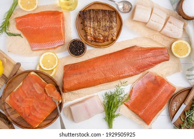 Fresh Alaskan Seafood Fish. Salmon, Halibut, And Cod. Smoked Salmon, Sockeye Salmon And Coho Salmon.