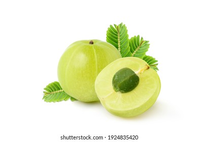  Fresh Amla  (Indian gooseberry) fruits with cut in half and leaves   isolated on white background. 