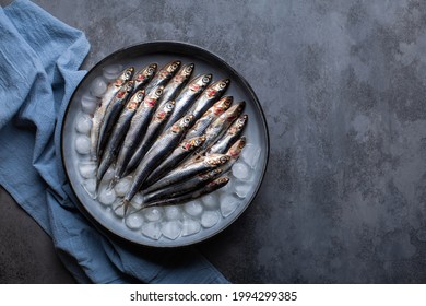 Fresh Anchovies On The Plate With Ice. Prepared To Be Cooked. Grey Background With Blue Runner. Copy Space.