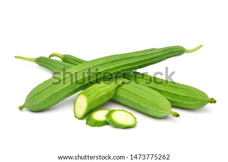 Fresh Angled luffa (Ribbed Gourd) fruits with sliced isolated on white background.