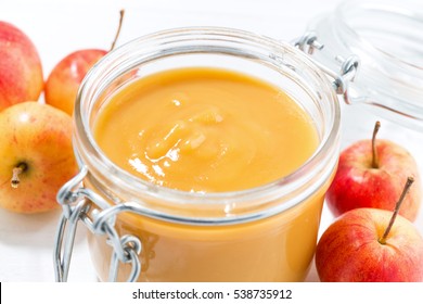 Fresh Apple Sauce In A Glass Jar, Closeup, Horizontal