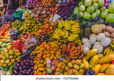 Fresh apples, bananas, mangoes and other fruit at the Antigua Guatemala Market