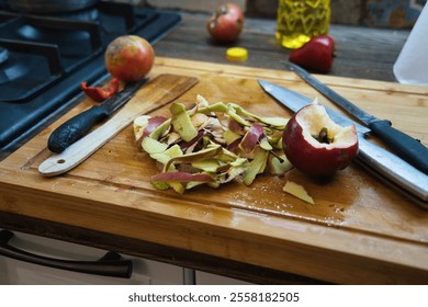 Fresh apples are being prepared on a wooden cutting board with peels nearby. A chef's knife and a paring knife rest beside the chopped produce in a sunny kitchen. - Powered by Shutterstock