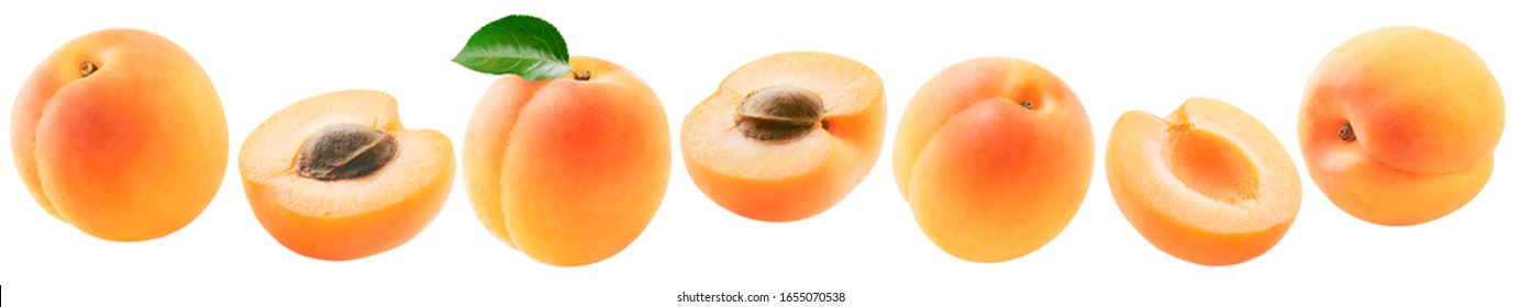 Fresh apricots set isolated on white background. Whole fruit, half pieces with and without pits. Package design element, clipping path, full depth of field.  - Shutterstock ID 1655070538