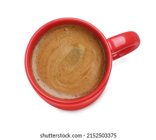 Fresh Aromatic Coffee In Red Mug Isolated On White, Top View