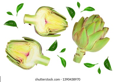 Fresh Artichokes and half isolated on white background closeup. Top view. Flat lay,
