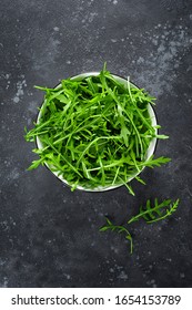 Fresh Arugula Or Rocket Leaves Salad, Rucola, Top View