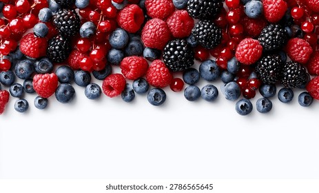Fresh assorted berries border on white background with copy space.