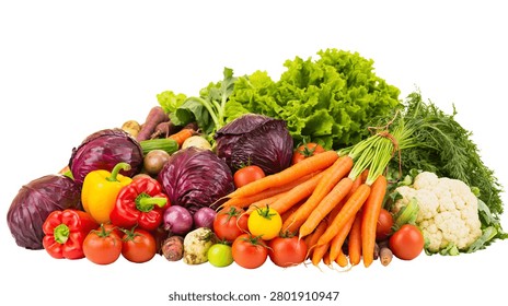 Fresh assorted raw vegetables including carrots cabbage peppers and lettuce