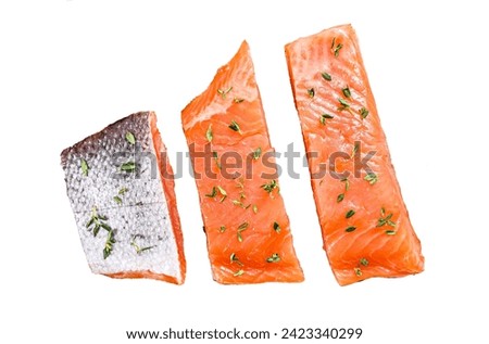 Fresh Atlantic salmon fillet Isolated on white background. Top view