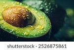 Fresh avocado with droplets of water, showcasing its vibrant green color and rich texture, perfect for high end food photography.