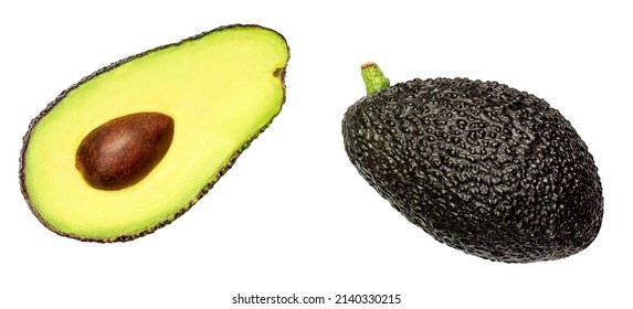 Fresh Avocado Isolated On White Background. Black Hass Avocado Closeup.
