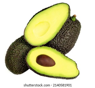 Fresh Avocado Isolated On White Background. Black Hass Avocado Closeup.
