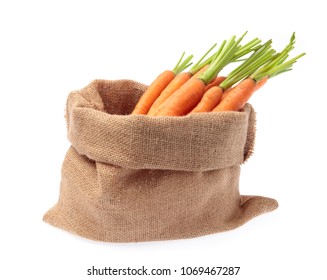 Fresh Baby Carrot In Sack  Isolated On White Background.