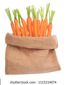 Fresh Baby Carrot In Sack  Isolated On White Background.