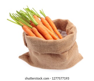 Fresh Baby Carrot In Sack  Isolated On White Background.