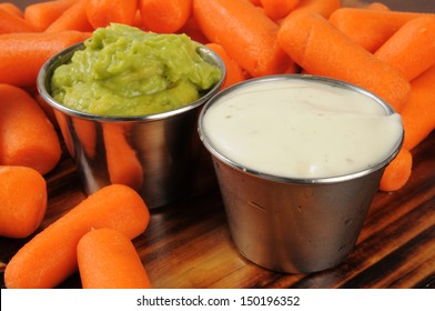 Fresh Baby Carrots With Ranch Dressing And Guacomole