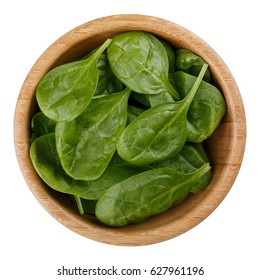 Fresh Baby Spinach Leaves In Wooden Bowl Isolated On White Background. Top View