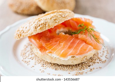 Fresh Bagel With Cream Cheese And Salmon