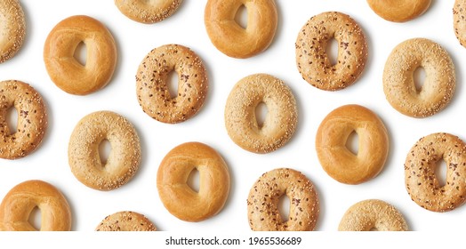 Fresh bagel pattern isolated on white background, top view
