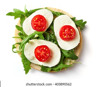 Fresh Bagel Sandwich On White Background, Top View