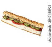 Fresh baguette sandwich layered with cheese, tomato slices, cucumber, and herbs, topped with sesame seeds. A light, healthy, and flavorful vegetarian option