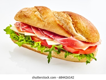 Fresh Baguette Sandwich With Serrano Ham , Cheese, Tomato And Salad