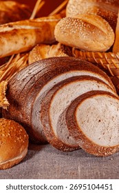 Fresh baked bread. Assorted bakery products loafs of bread and rolls...