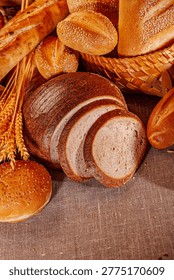 Fresh baked bread. Assorted bakery products loafs of bread and rolls...