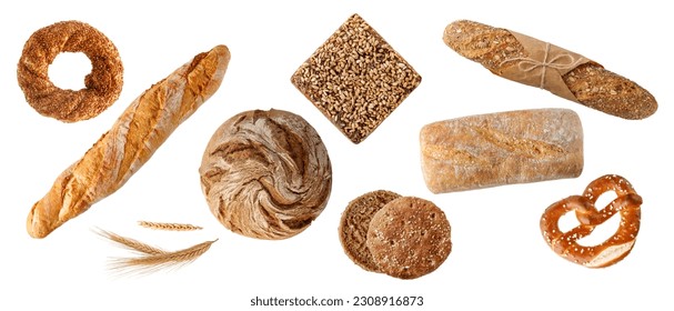 Fresh baked bread with various sorts isolated on white background. Rye wheat loaf of bread, turkish bagel, french baguette, german pretzel, scandinavian sandwich, italian ciabatta, whole grain pastry.