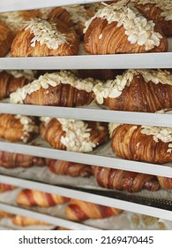 Fresh baked croissants close up in a bakery 