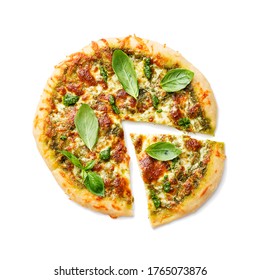 Fresh Baked Homemade Pizza Or Pie With Basil Pesto Sauce,mozzarella Cheese And Fresh Basil Leaves. Top View .isolated On White Background 