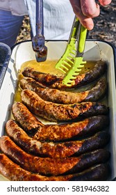 Fresh baked homemade sausages lures buyers.