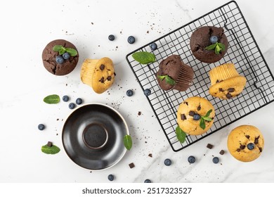 Fresh baked muffins with chocolate chips, blueberry berries and mint leaves on baking rack and on white marble table background. Chocolate  cupcake closeup as dessert for coffee break.  - Powered by Shutterstock