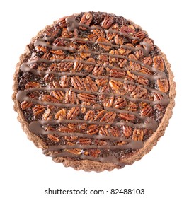 Fresh Baked Pecan Pie Isolated On White, A European Style Dessert Made With A Chocolate Shortbread Crust