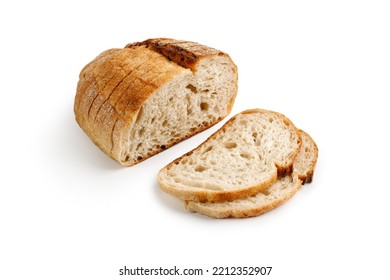 Fresh baked round Bread isolated on white background. Sliced, cutted wheat rye sourdough bread. Tartine country bread. 