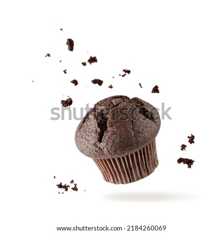 Fresh baked single chocolate muffin with crumbs flying on white background. Sweet dark cupcake falling. Pastry card with copy space