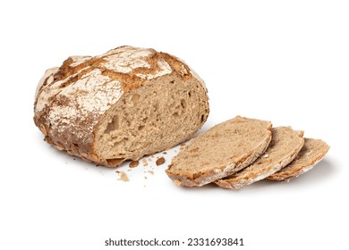 Fresh baked sourdough loaf of bread with pumpkin seeds and slices close up isolated on white background - Powered by Shutterstock