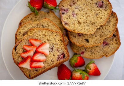 Fresh Baked Strawberry Banana Bread Sliced With Strawberries