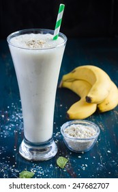 Fresh Banana Milk Smoothie With Oat Flakes, Selective Focus