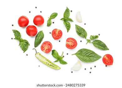 Fresh basil, cherry tomatoes and peppercorn on white background