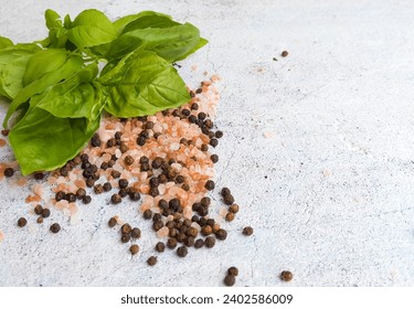 Fresh basil leaves ,pink salt and black pepper  - Powered by Shutterstock