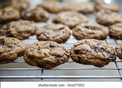 Fresh Batch Of Hot, Gooey, Homemade Baked Chocolate Chip Sea Salt Cookies Cooling On A Cooling Rack. 