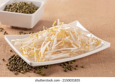  Fresh bean sprouts in white plate on brown background.