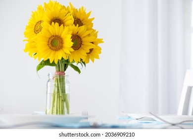 Fresh beautiful daisy sunflowers bouquet in glass vase on white table at home interior. Greeting card with copy space. Spring holidays, Mother`s Day, Women`s International Day, Birthday, Anniversary. - Powered by Shutterstock