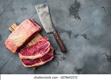 Fresh Beef Boneless Club Steak, On Gray Background, Top View, With Copy Space For Text