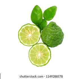 fresh bergamot fruit with leaf isolated on white background, Top view.