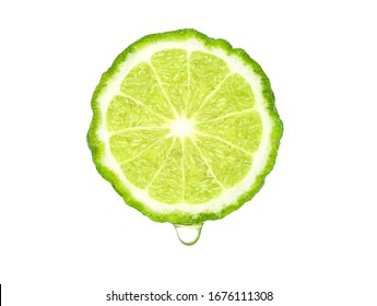 Fresh Bergamot Sliced With Juice Dripping Isolated On White Background . Clipping Path.