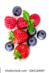 Fresh Berries Isolated On White Background, Top View. Strawberry, Raspberry, Blueberry And Mint Leaf, Flat Lay
