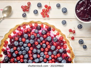 Fresh Berries On The Tart Cake From Above.Selective Focus On The Tart